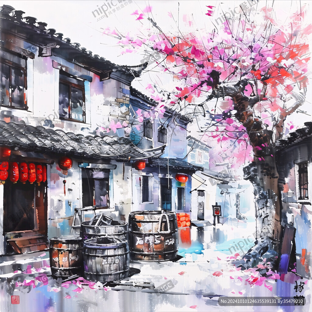 江南小镇水彩