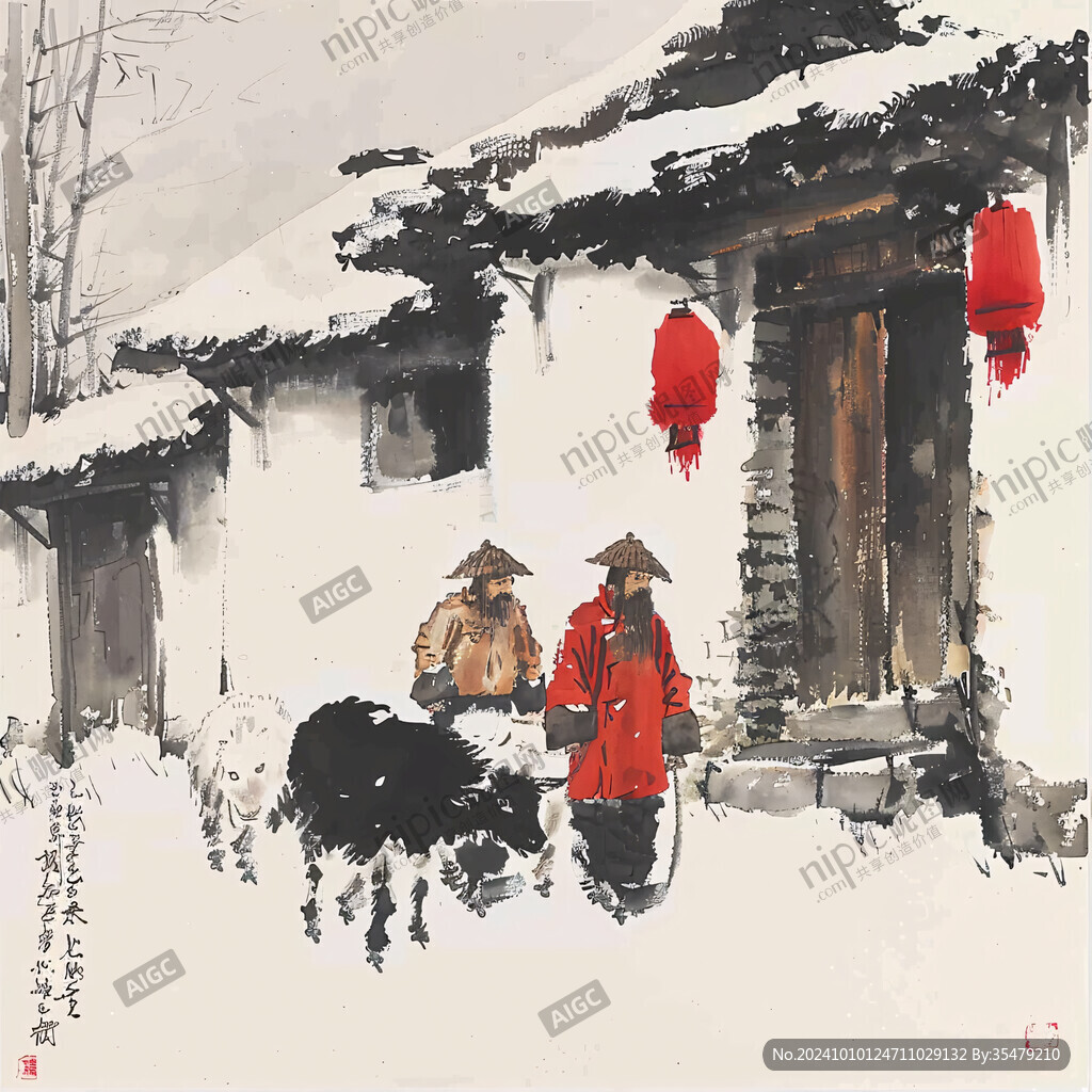 手绘山村雪景图