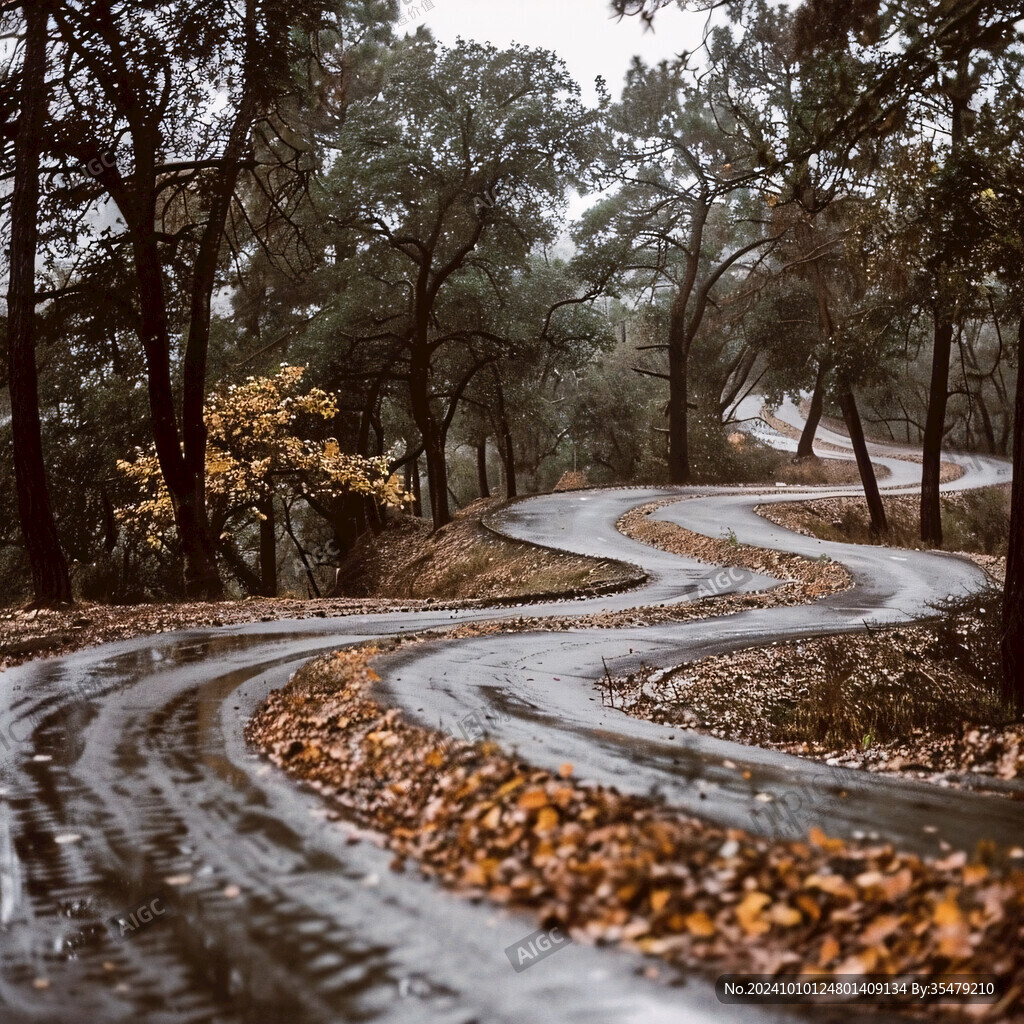 深秋雨中公路