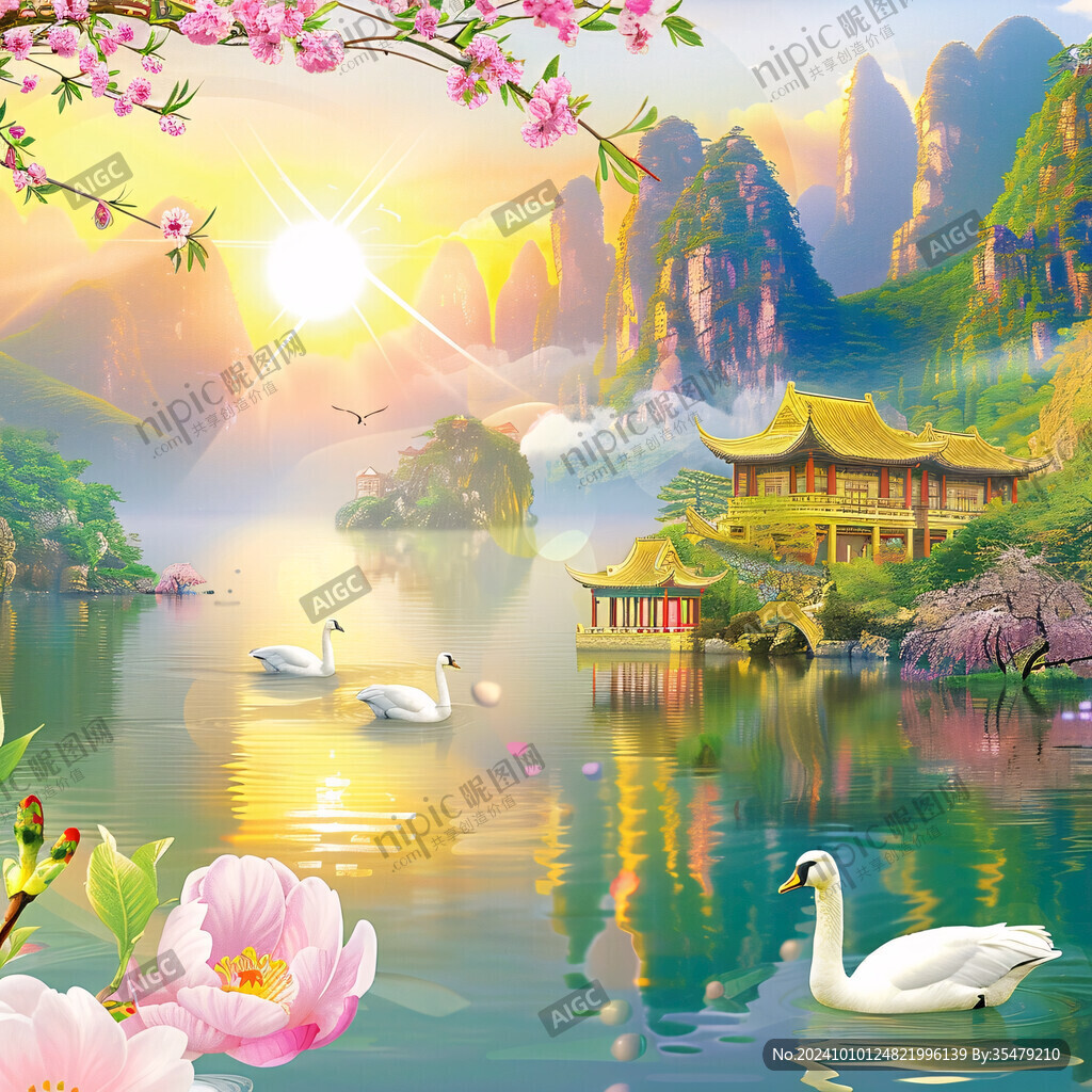 牡丹山水荷花仙鹤