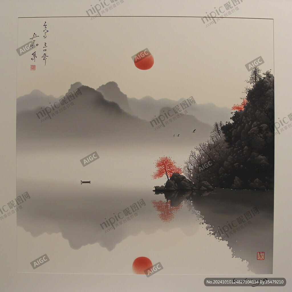 红日东升水墨画