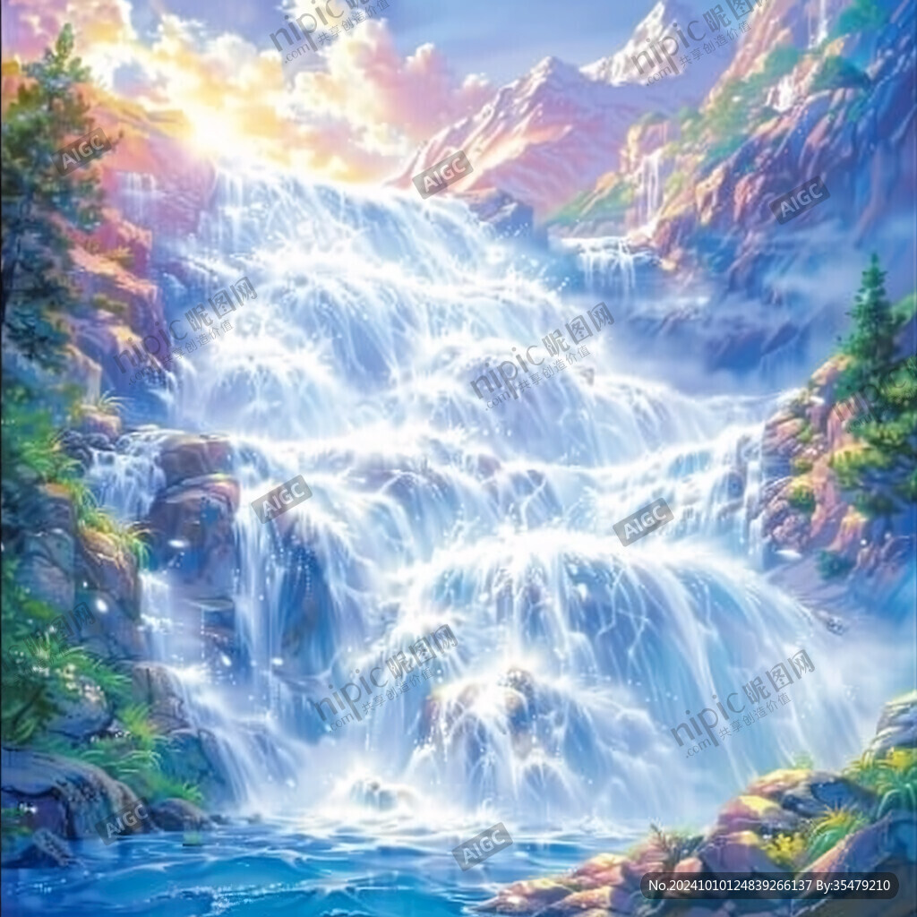 山水风景油画瀑布