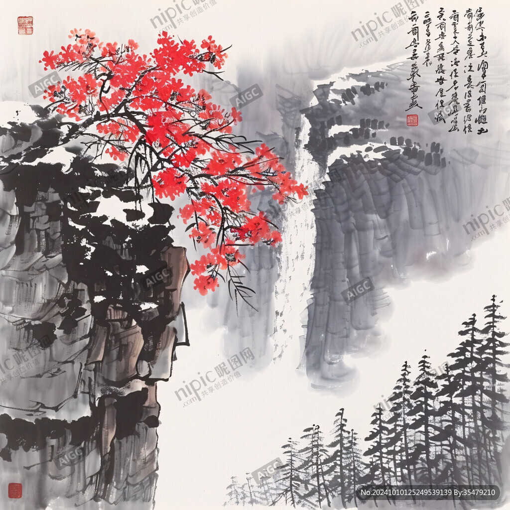 屏风映山红国画