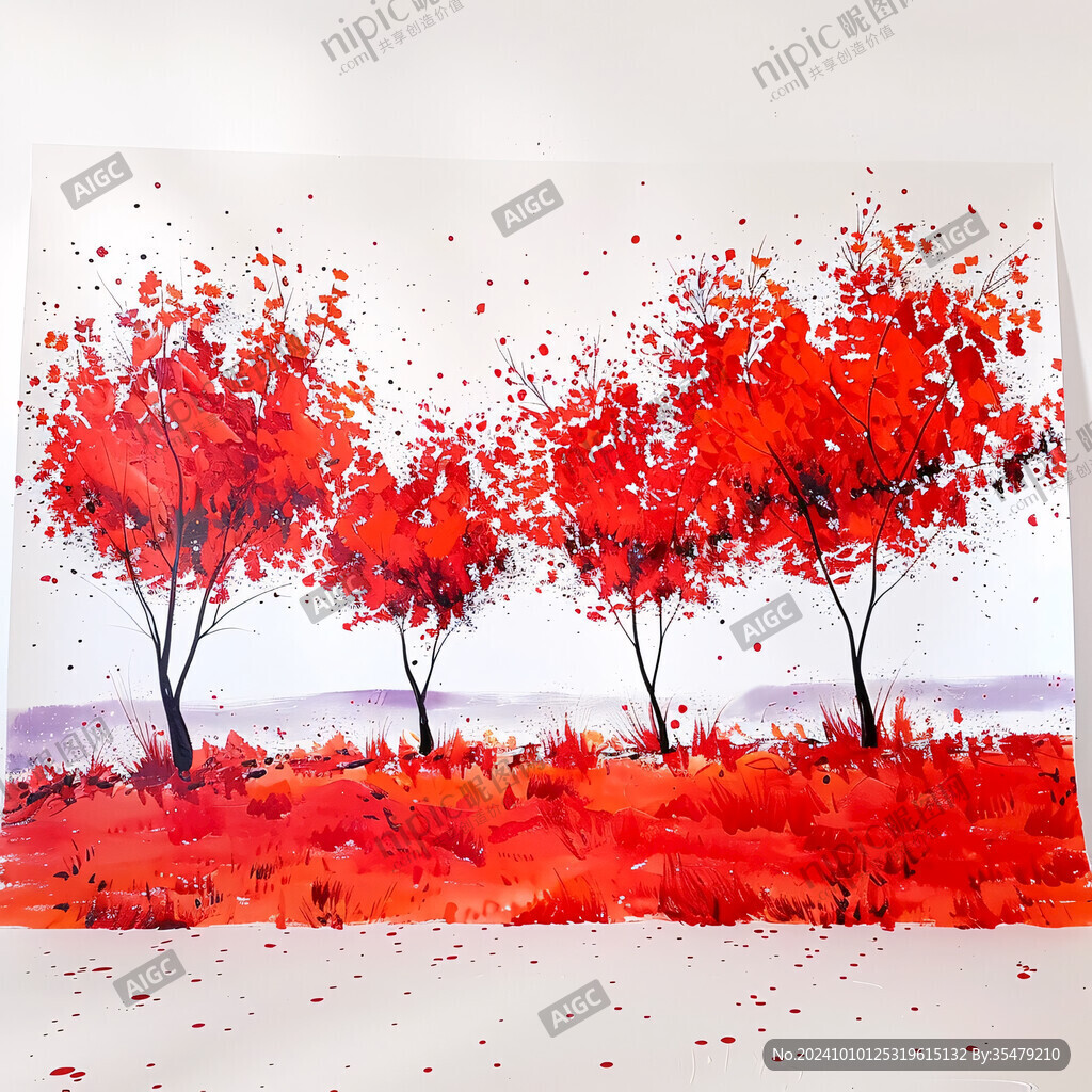 红枫树油画