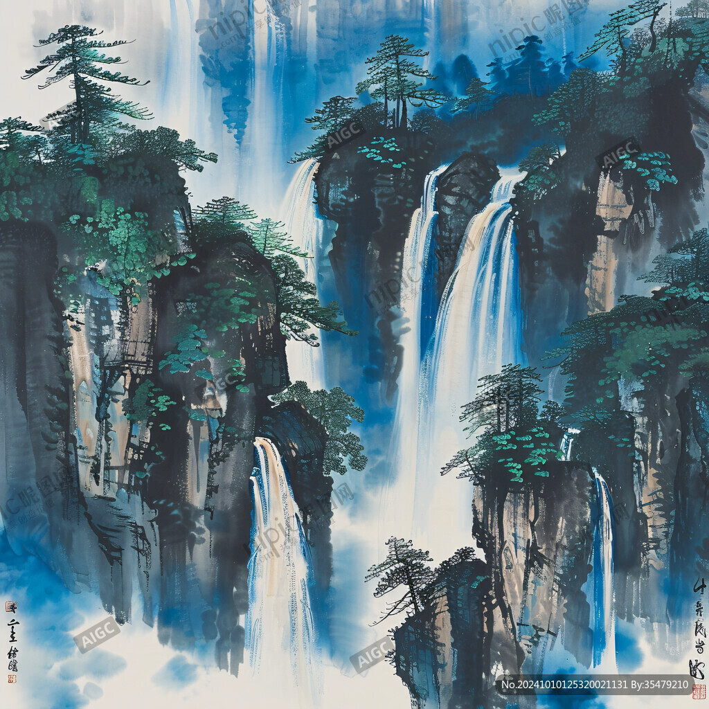 飞瀑山水画