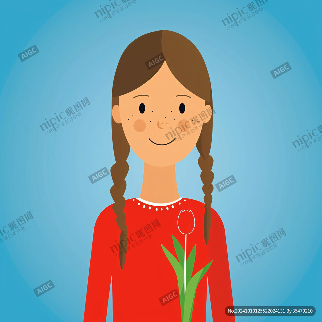 女孩捧花微笑插画