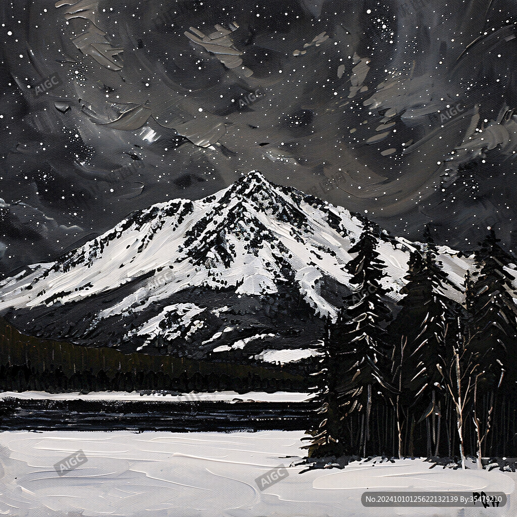 手绘雪夜风景无框画