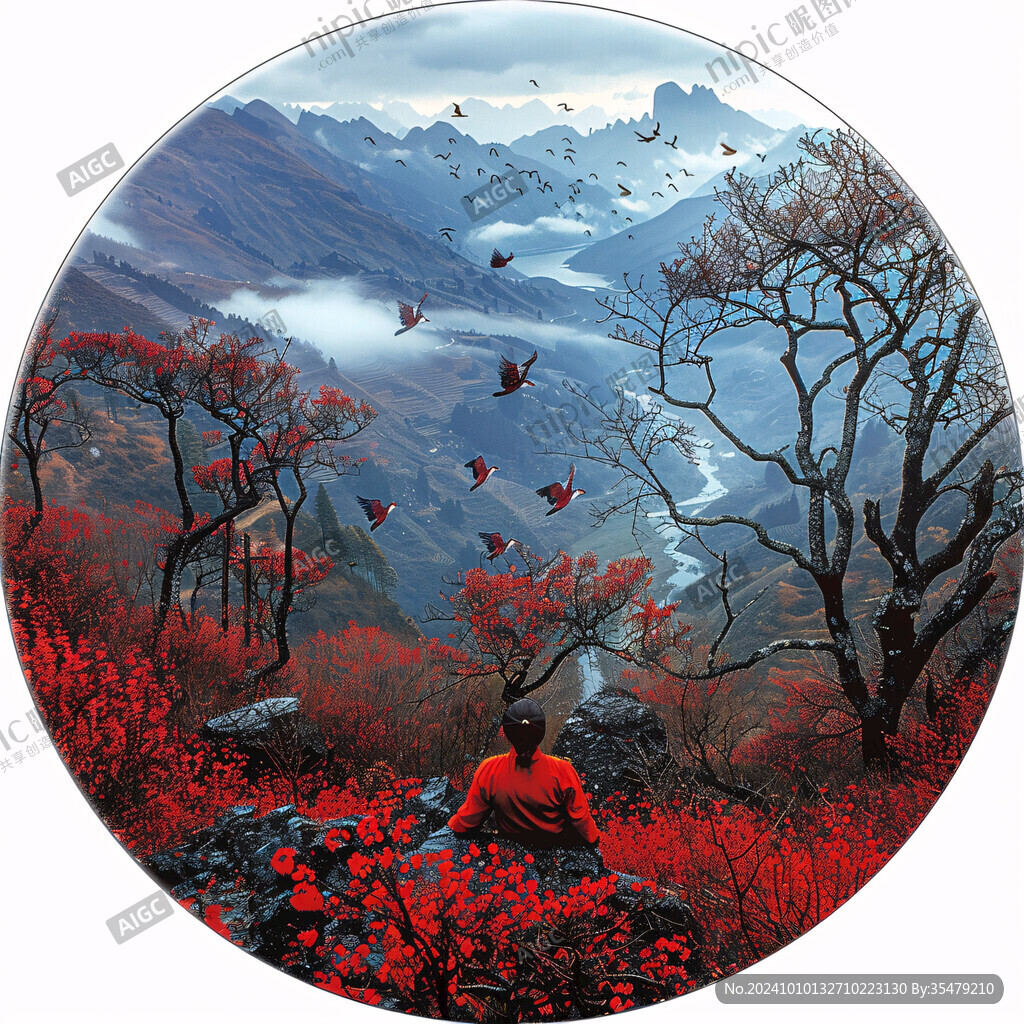 禅意山水圆形画