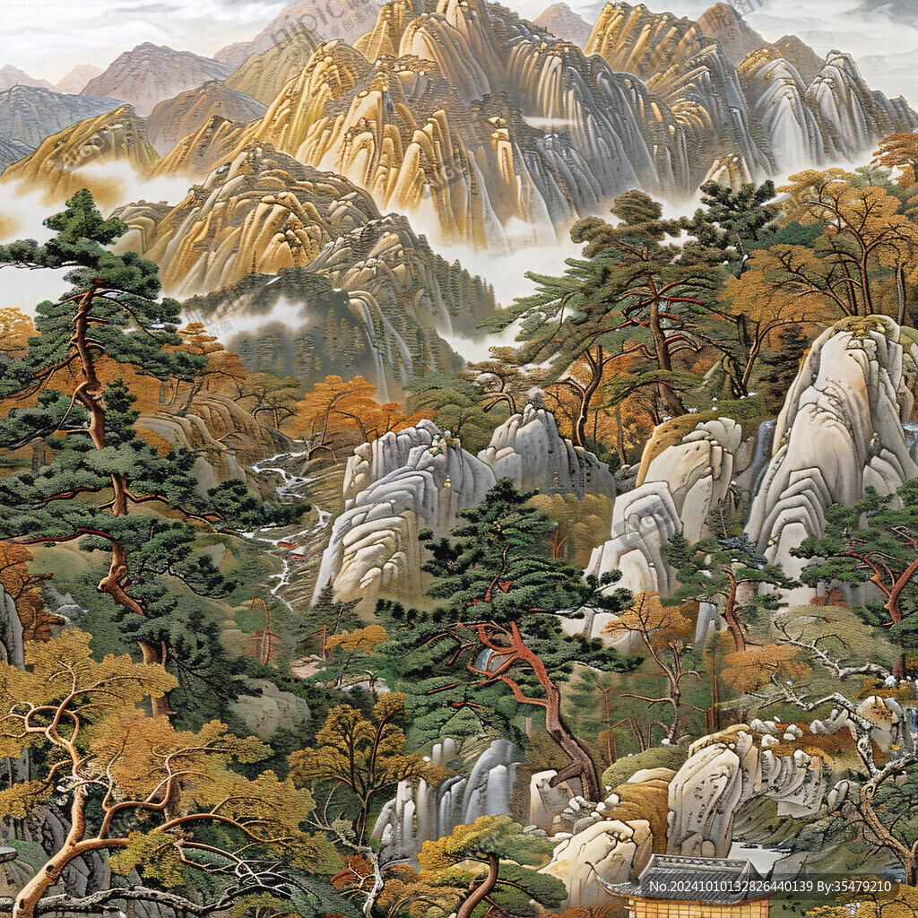 手绘青绿山水秋景