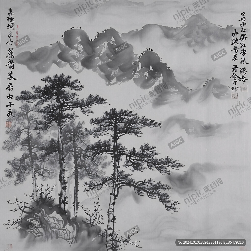 国画松石云雾远山