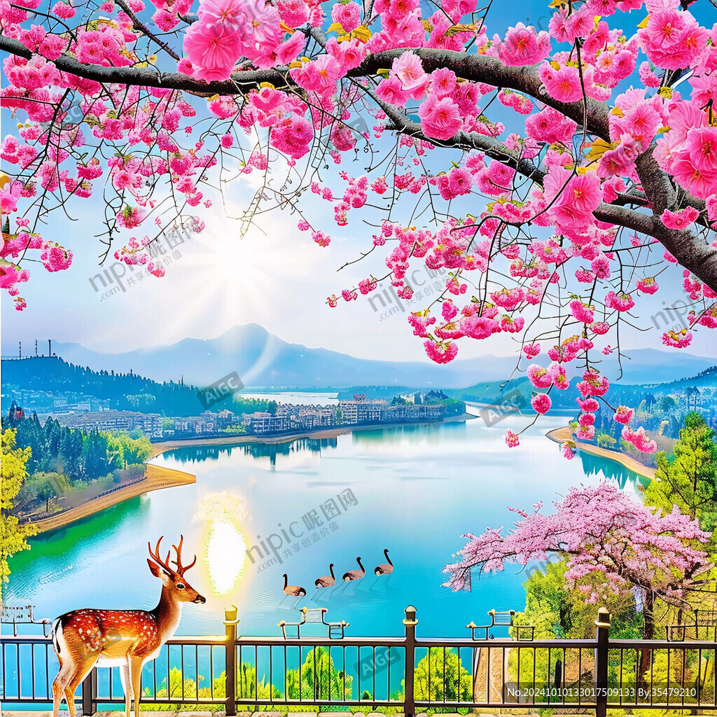湖泊河流花卉树木鹿