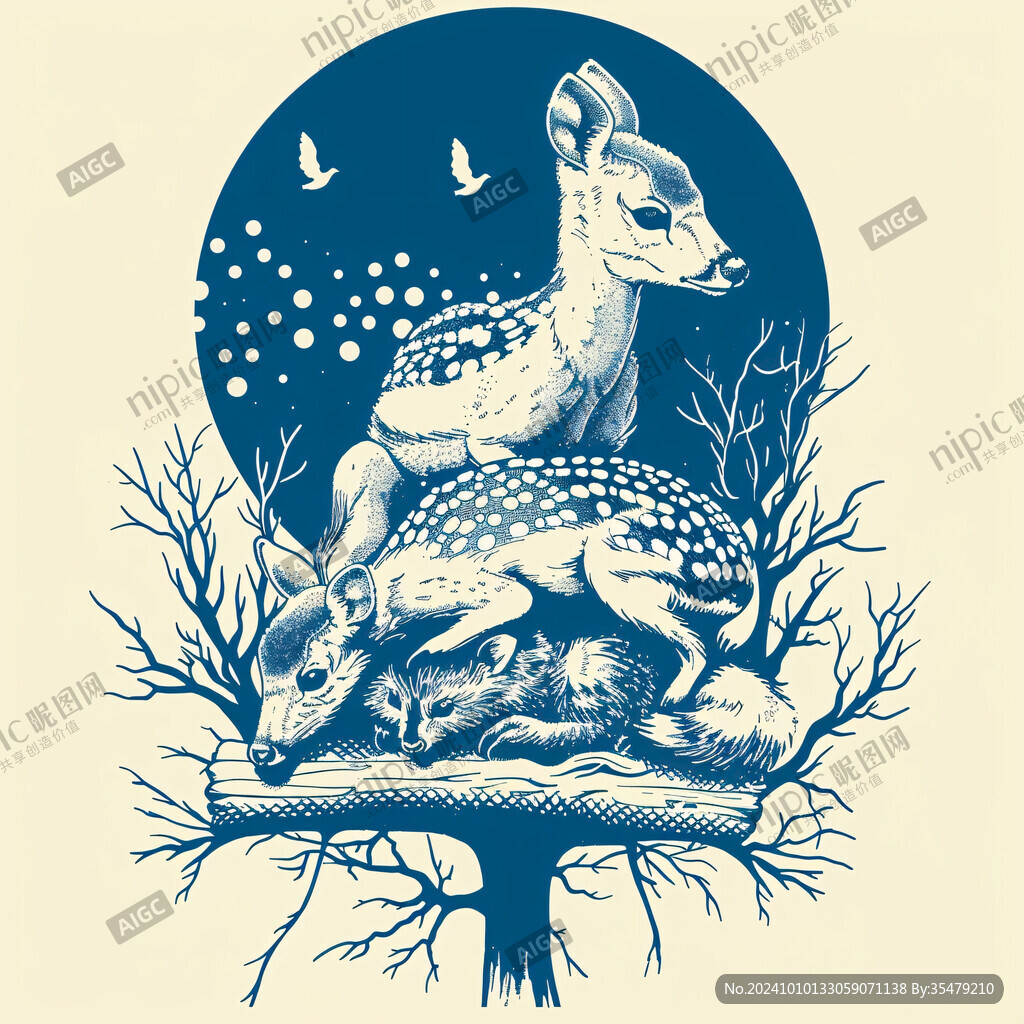 手绘鹿鸟插画