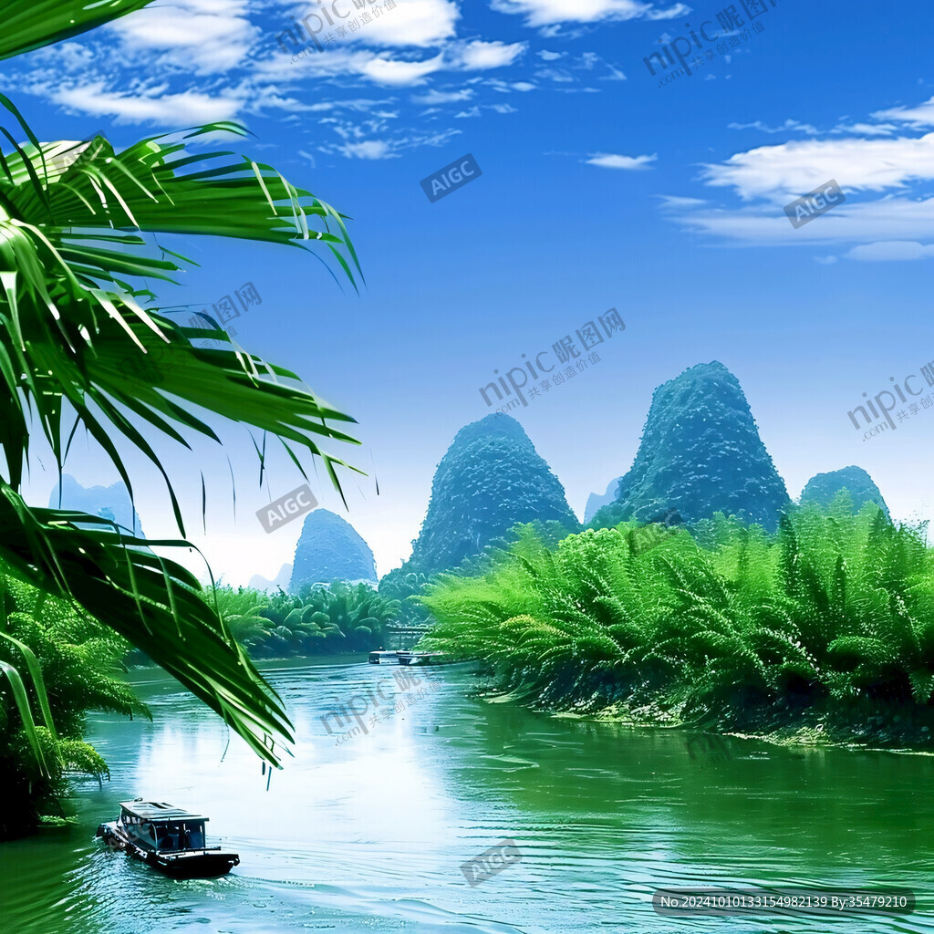 竹林河流山水