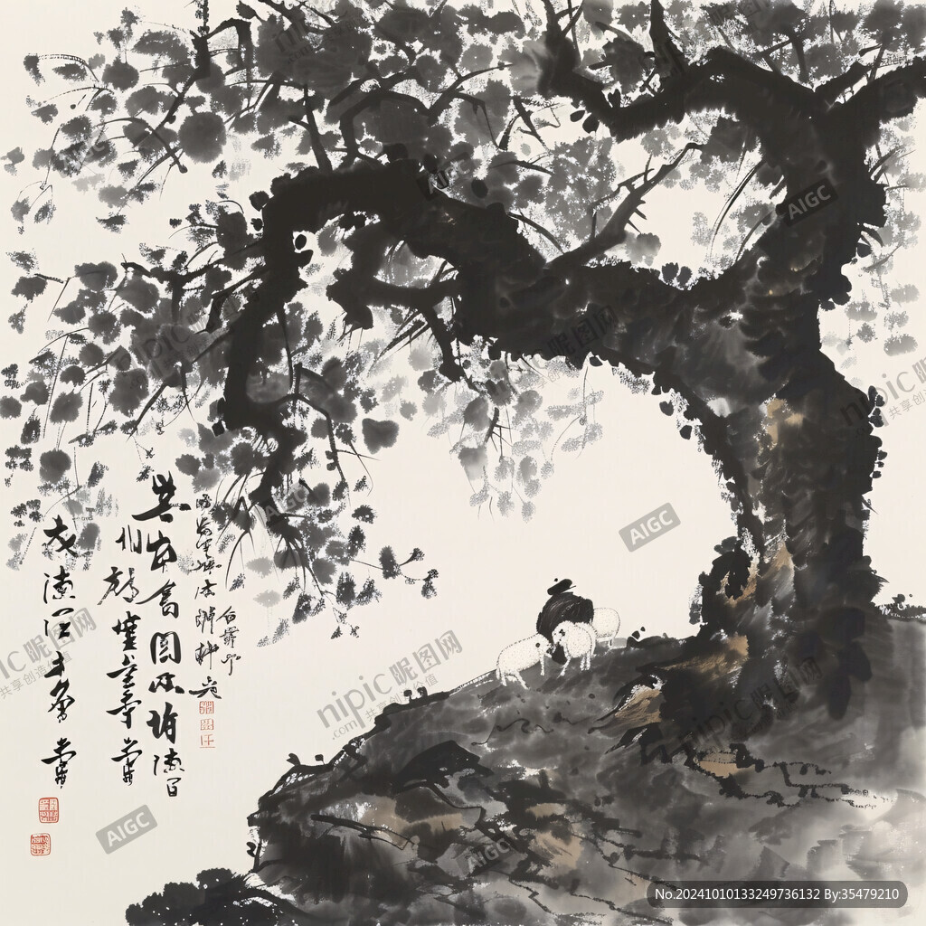 写意国画柿子树