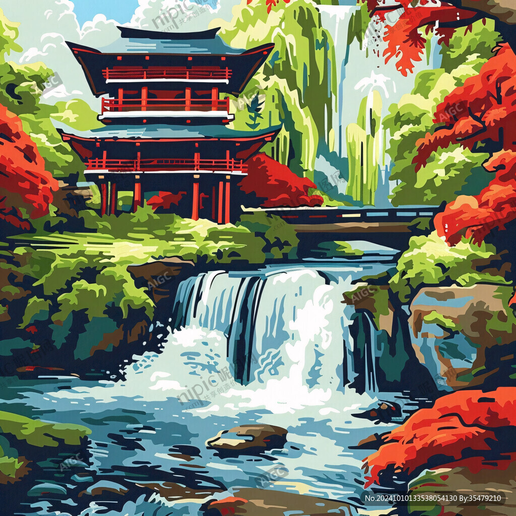 亭台楼阁流水瀑布