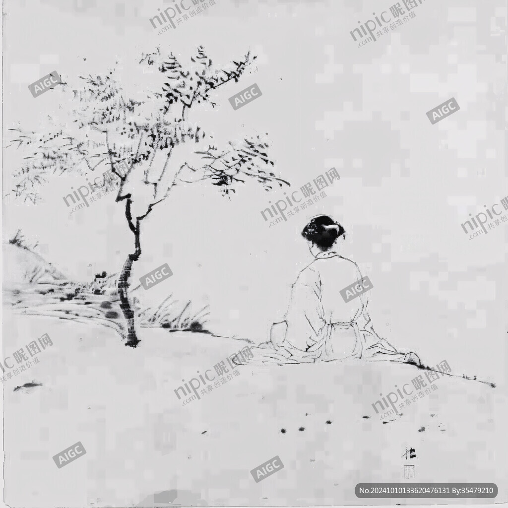 梅花和女孩水墨画