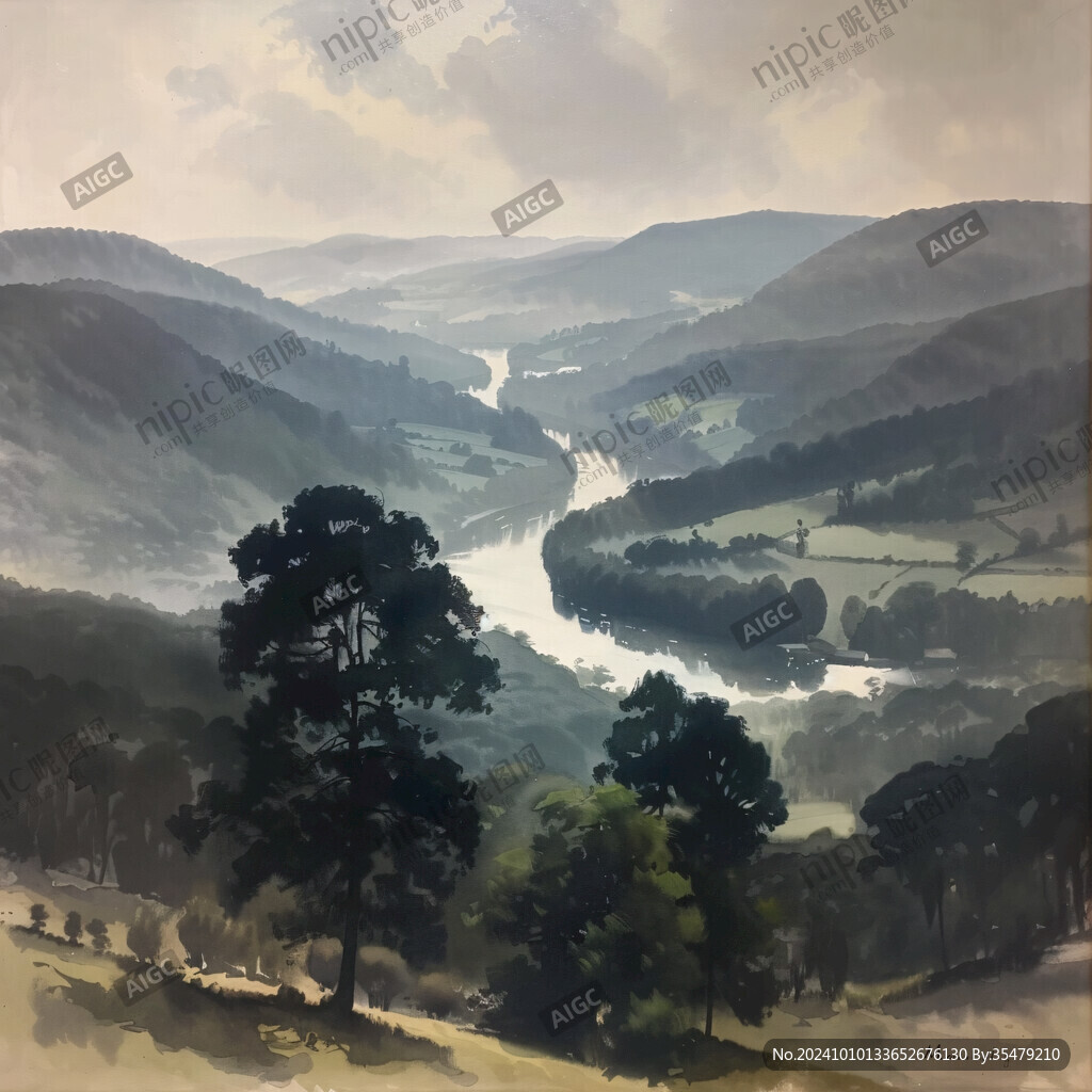英国彩绘山水水墨画