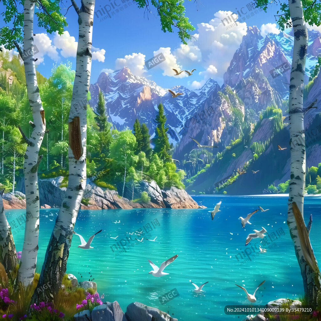 山水画风景画湖泊湖畔