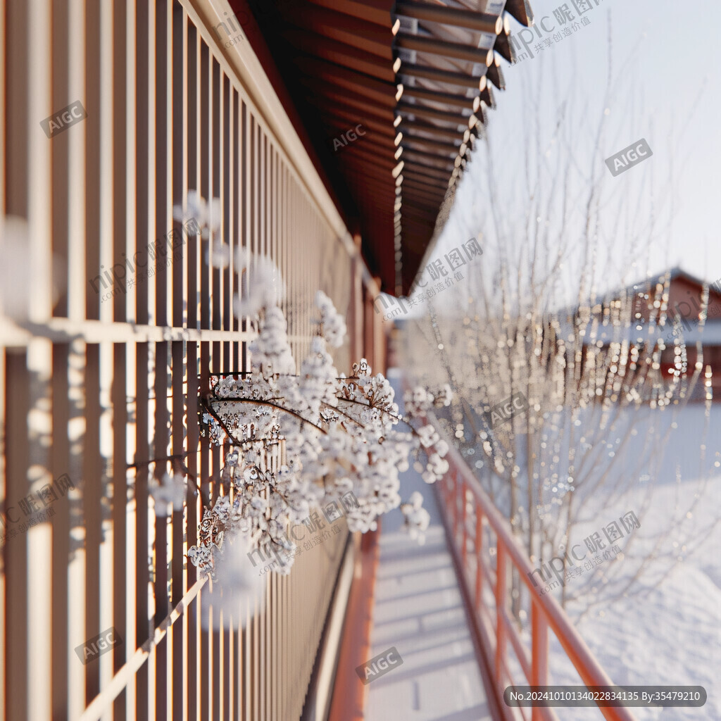 古建筑长廊雪景