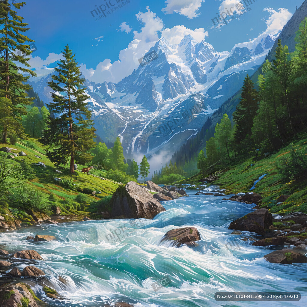 雪山森林河流图