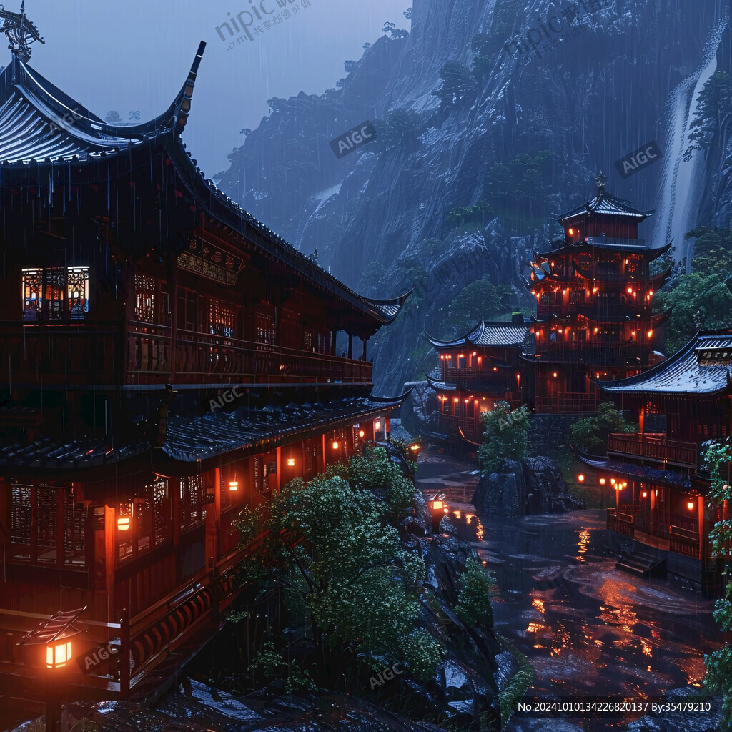 中式古代建筑雨景