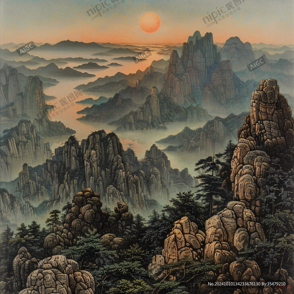 手绘工笔画迎客松