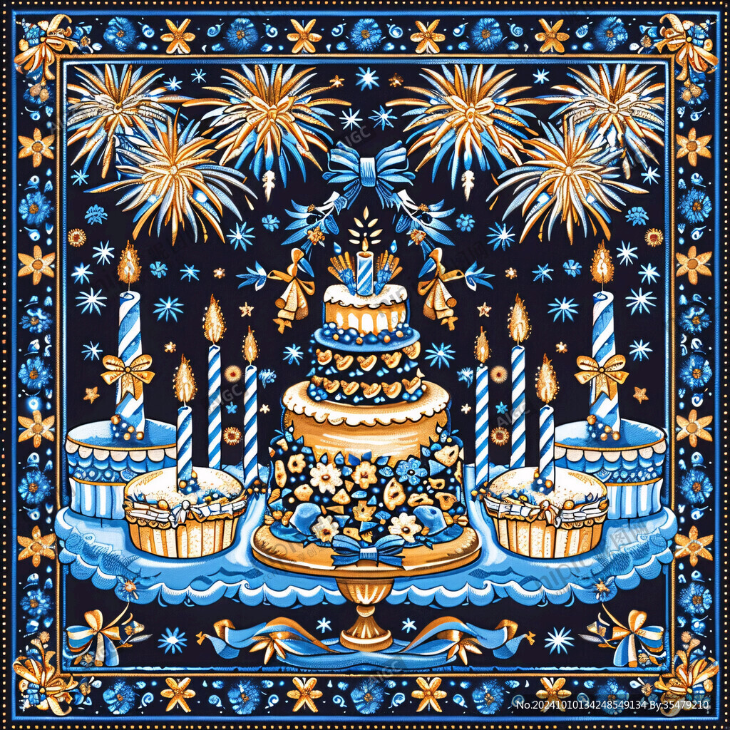 蓝色生日宴手绘