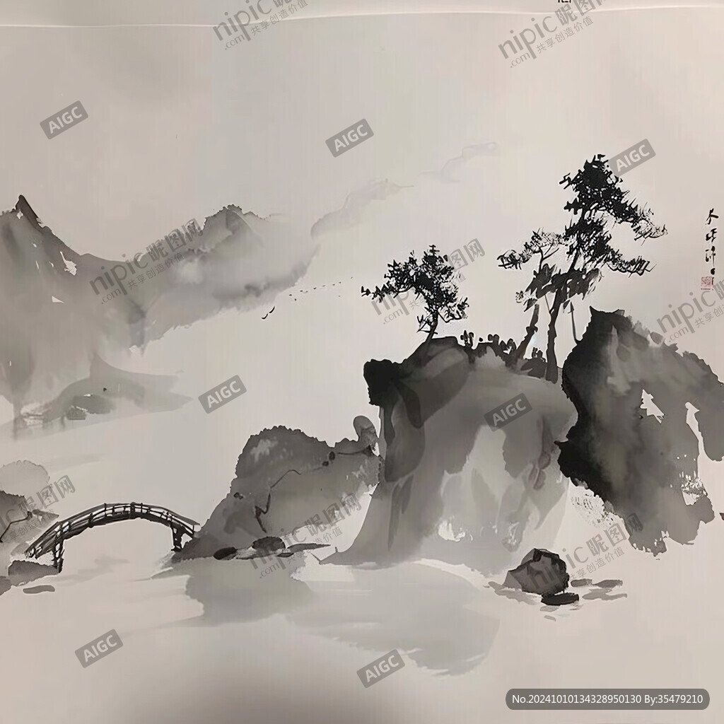 迎客松软膜天花水墨画