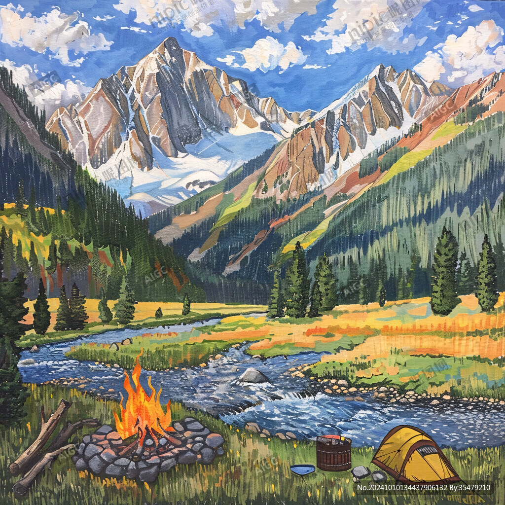手绘山林露营地