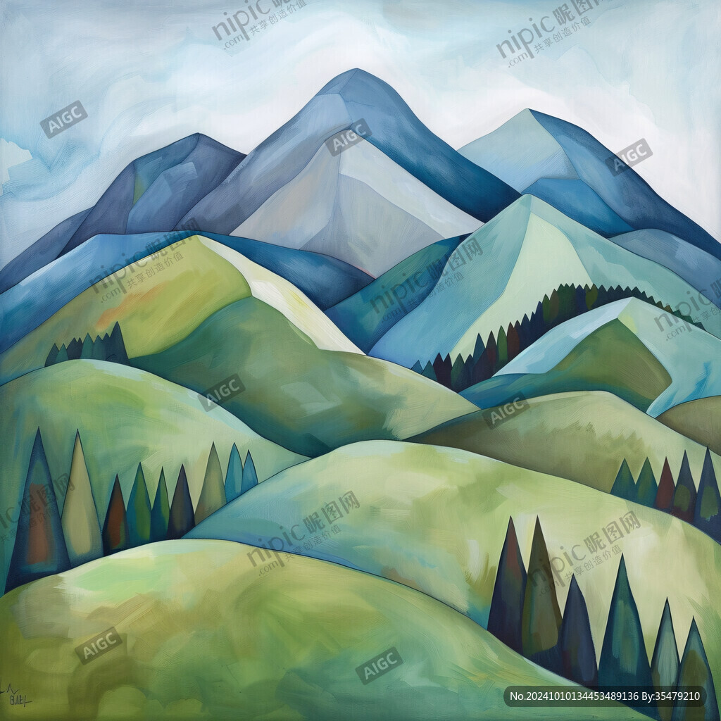 水彩画山峰群山远山