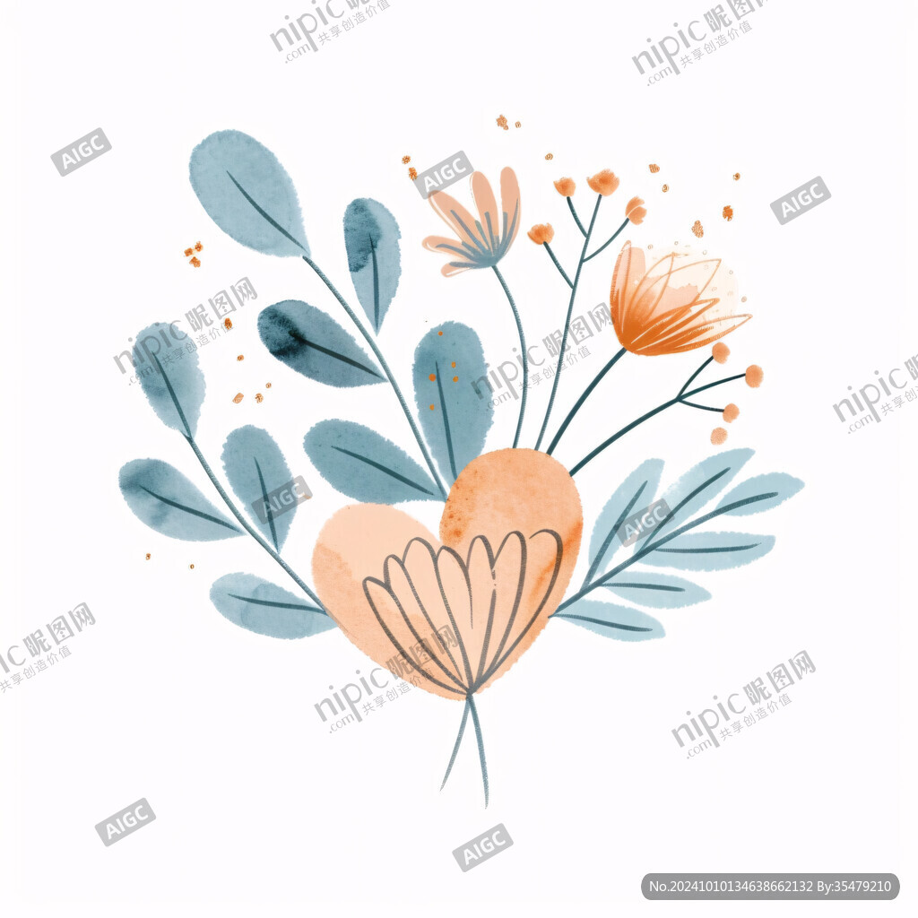 蓝橙色花艺手绘素材