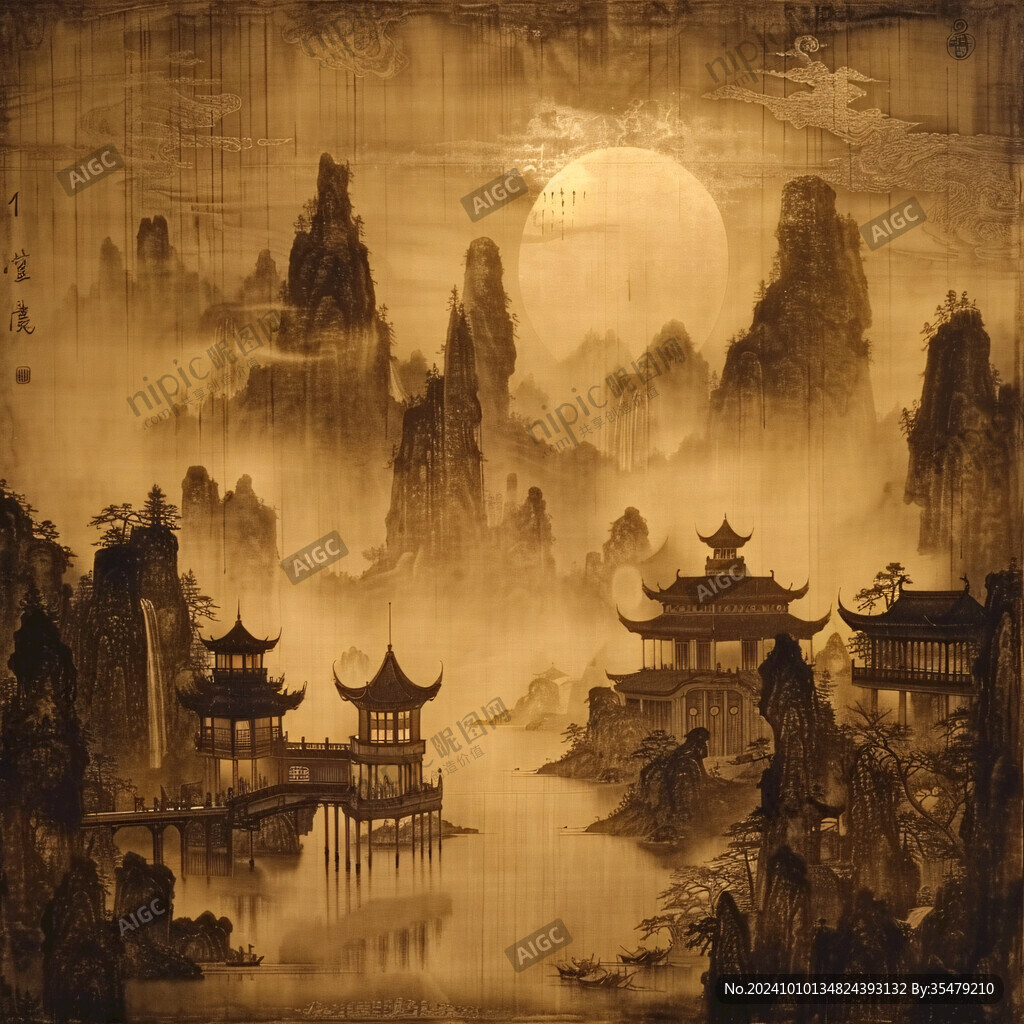 旭日东升楼阁山水画