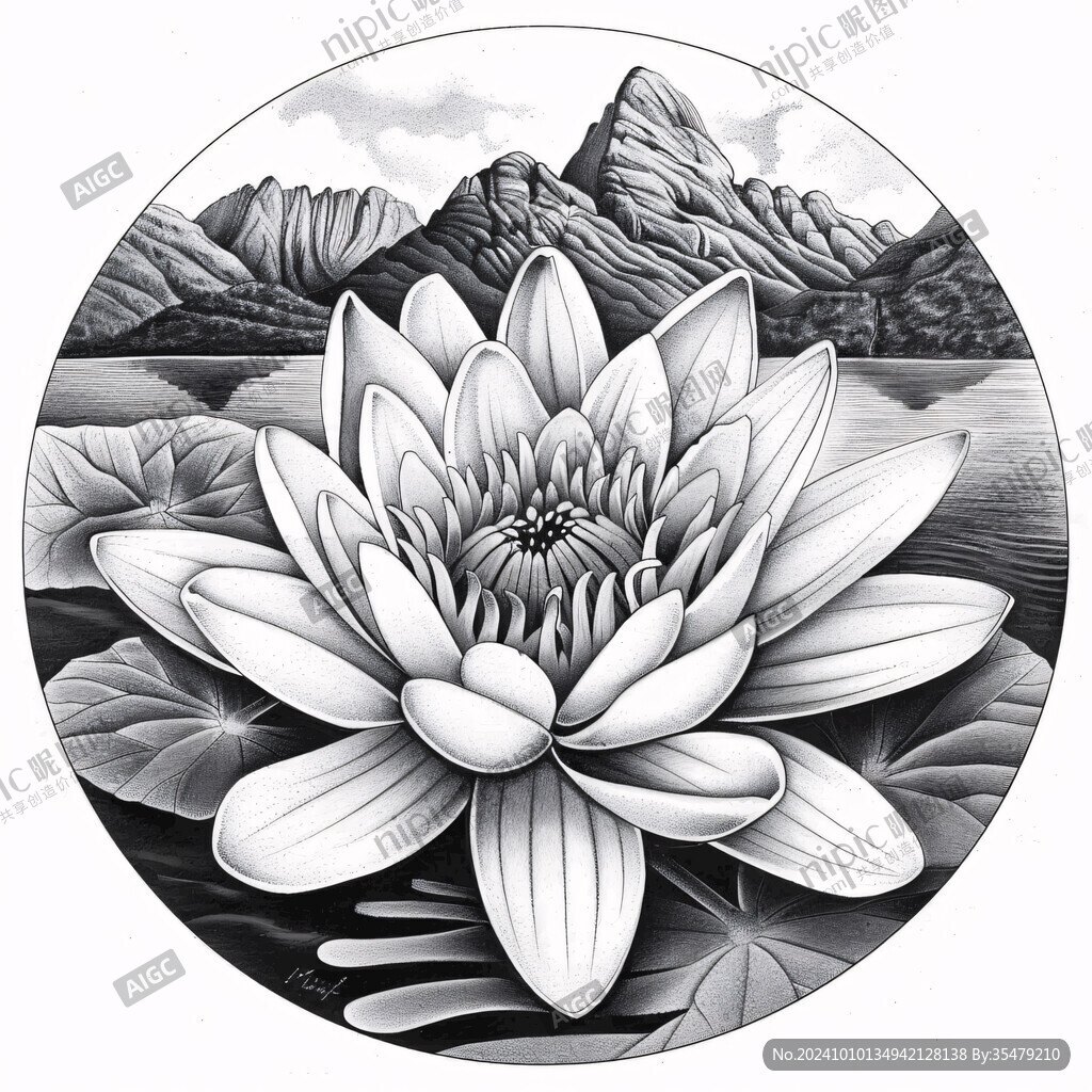 圆形小品荷花工笔画