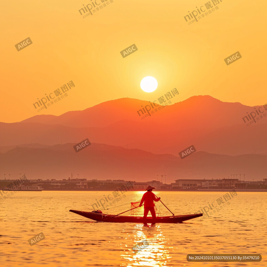 夕阳下泛舟