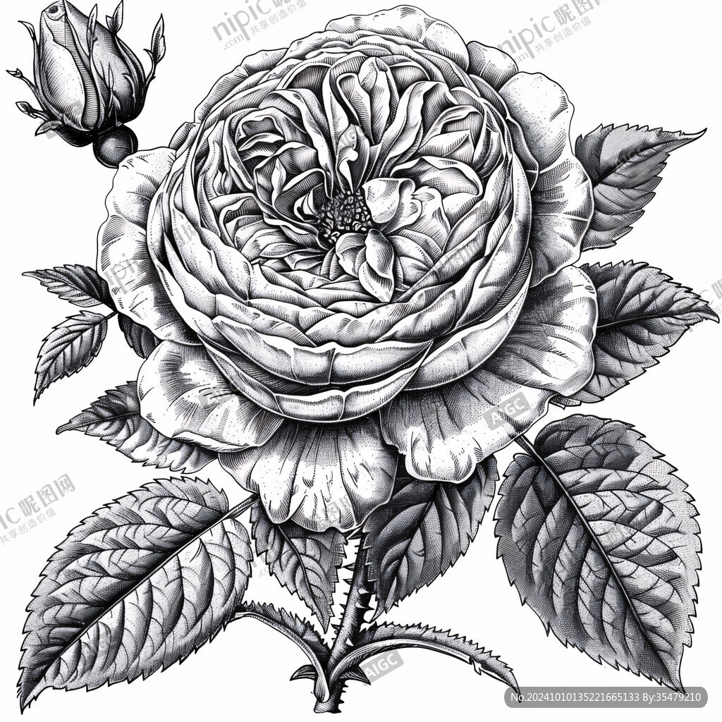 玫瑰花黑白线描画