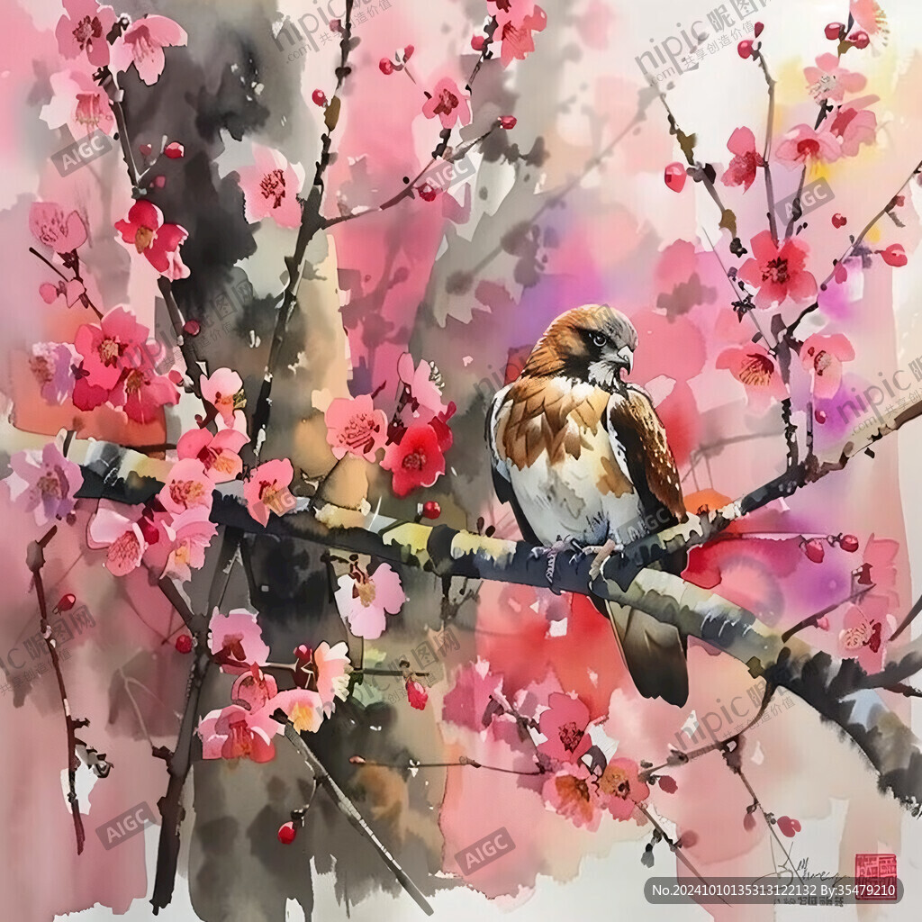 水彩梅花花鸟装饰画