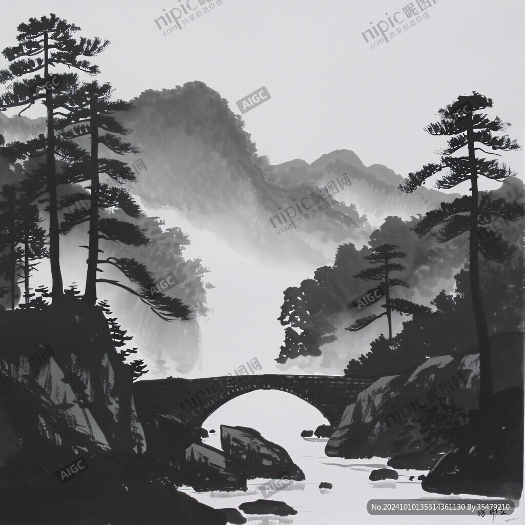 小桥流水年画水墨画