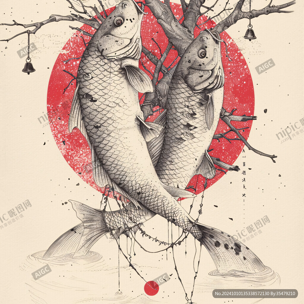 禅意招财鲤鱼插画