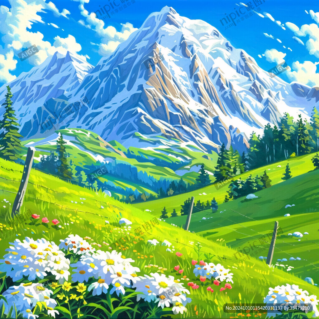 手绘草原草雪山