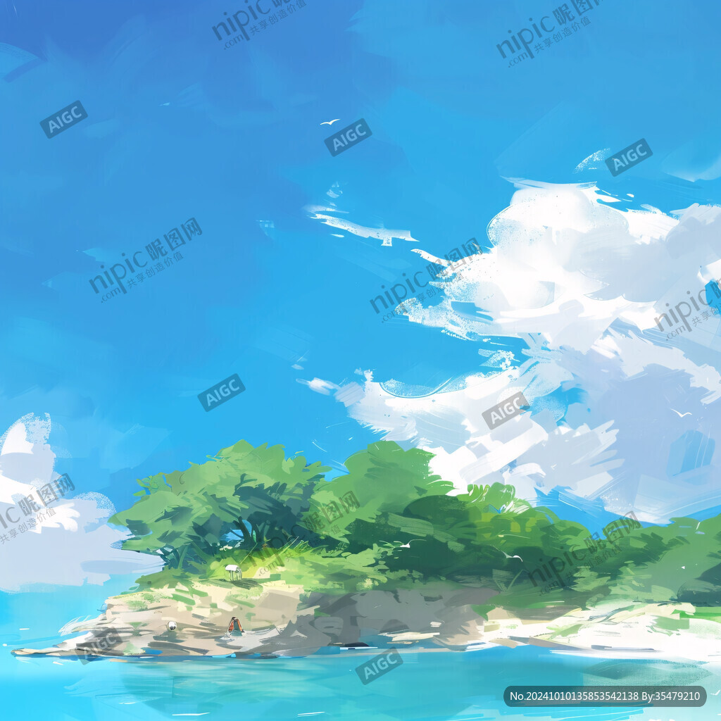 蓝天白云大海岩石插画