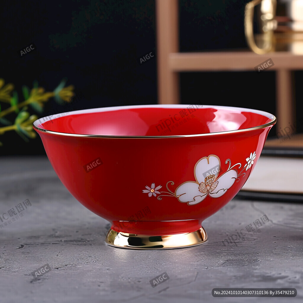 珊瑚红釉描金碗