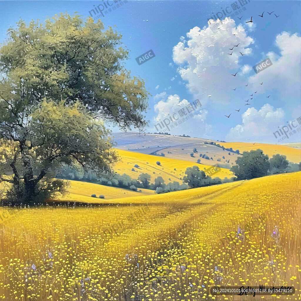 蓝天白云油菜花油画