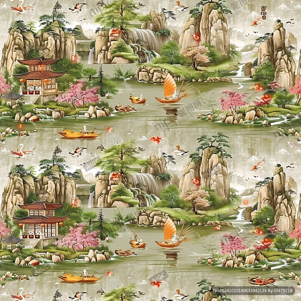 复古仙鹤聚宝盆山水