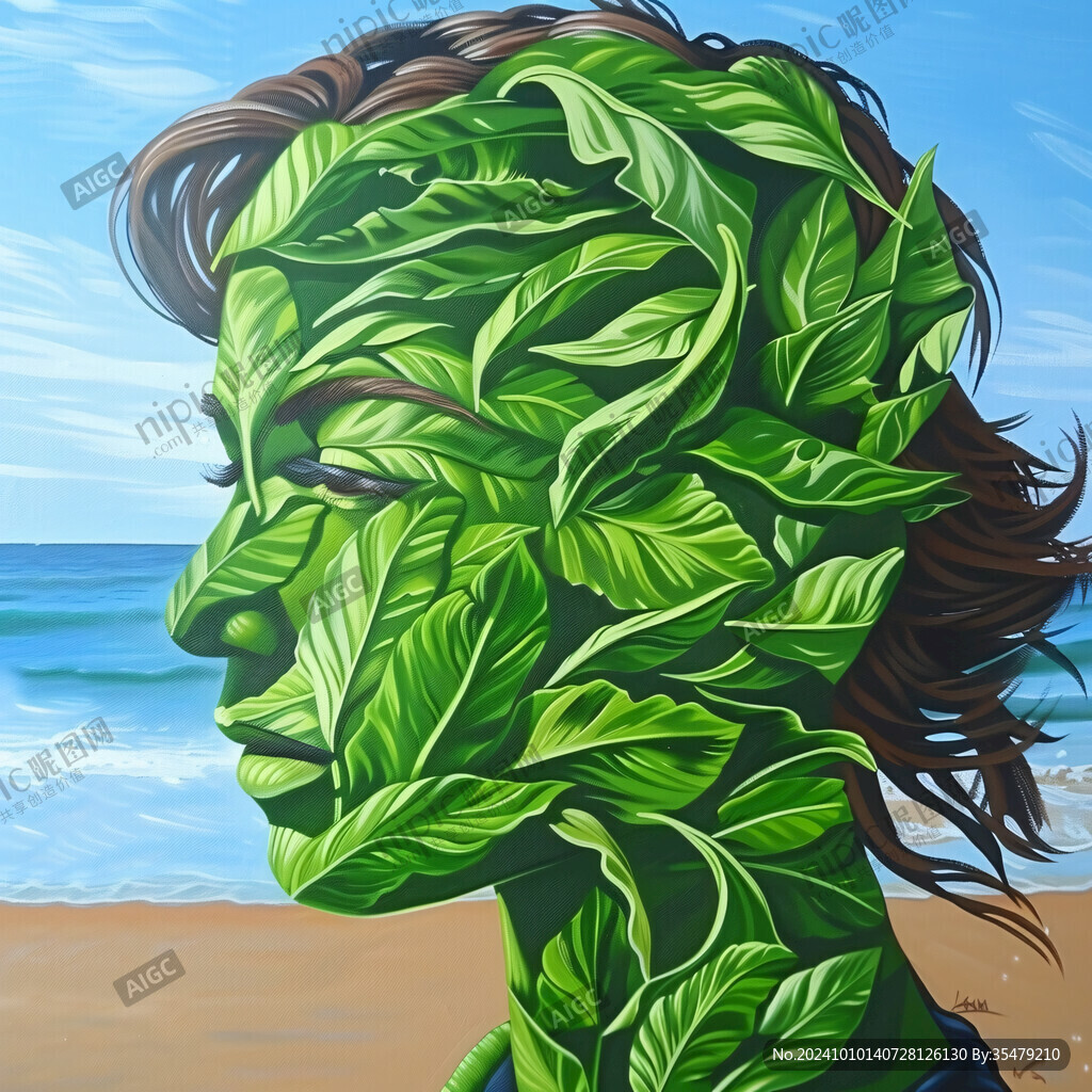彩绘女人植物抽象画