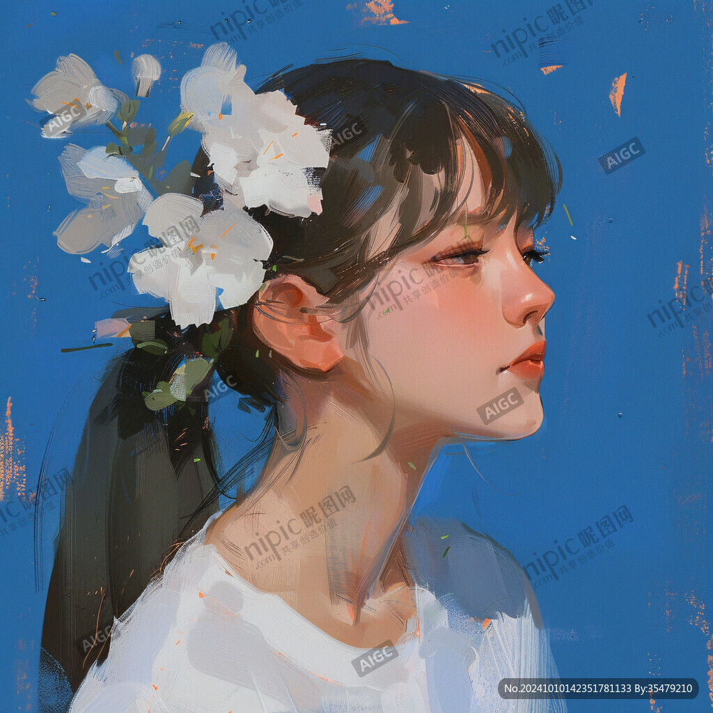 AI创作图厚涂头像 板绘少女插画 女生插画绘画 写实人物插画 板绘人像 插画半身像 人物半身插画 唯美半身女孩手绘插画 捧花蓝的女孩插画 少女 ...