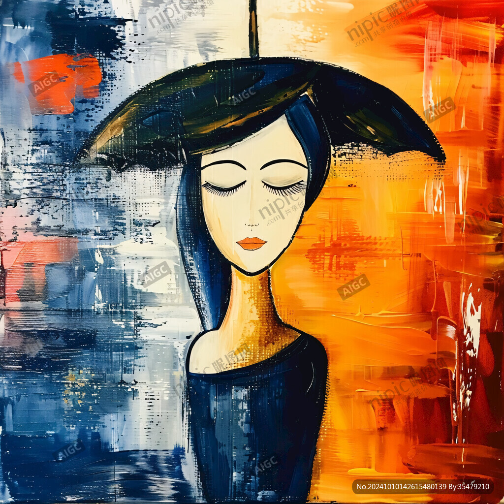 绘呆萌女孩躲雨无框画