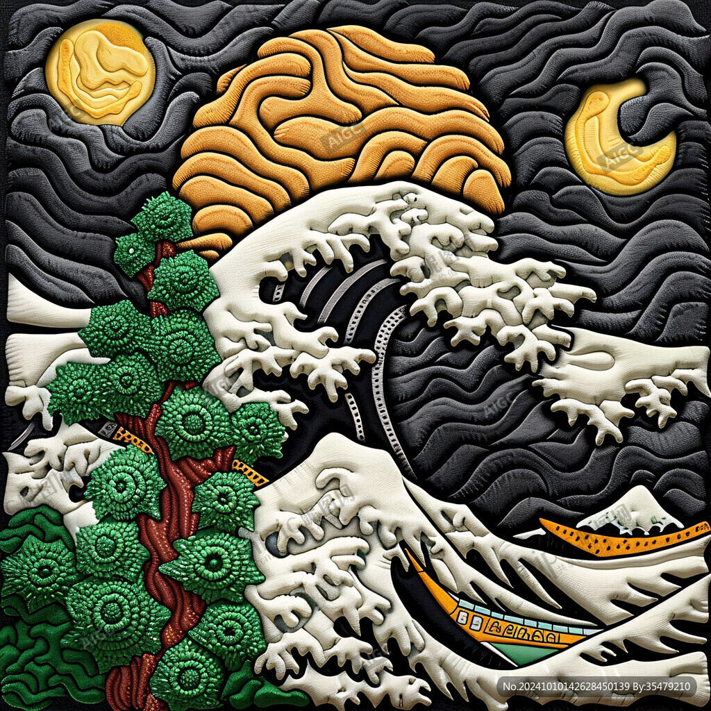 海浪仙鹤松树