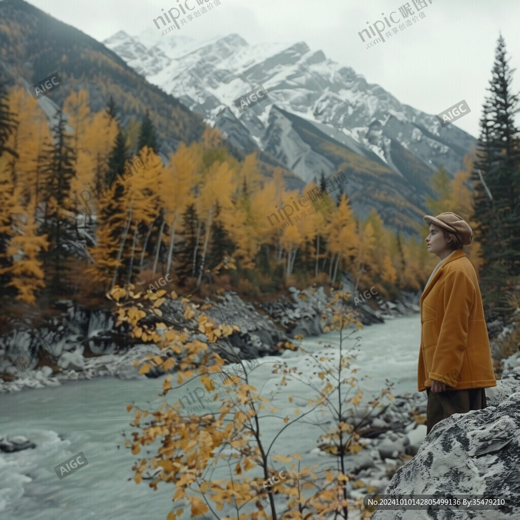 高山湖泊森林雪山黄叶