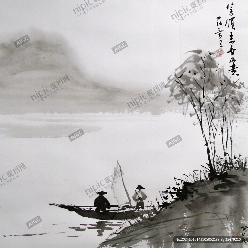 水上船家山水画