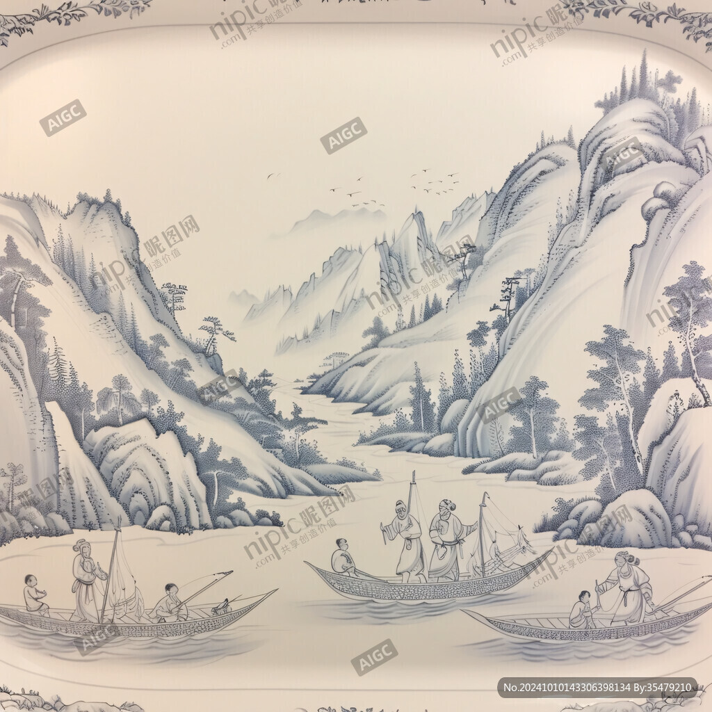 山水画陶瓷图案